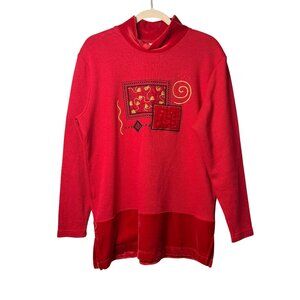 VTG Bobbie Brooks Red Long Sleeve Top Velvet Trim & Embroidered Details Womens L